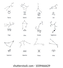 Collection with zodiac symbols and constellations on white background.