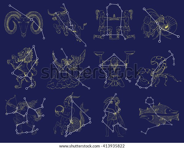 青の背景に十二支の記号と星座のコレクション ラインアートのベクター画像と星占い記号 落書き風神秘学と占星術の絵 手描きのイラスト のベクター画像素材 ロイヤリティフリー