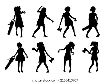 Collection of Zombie is girl with an ax and electric saw while standing and reaching hand action in Silhouette style. Collection of silhouette Zombie for Halloween theme.