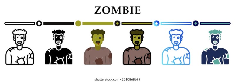 Collection of zombie icons in variety of styles. Representing halloween festive or spooky themes. Halloween sweets. Happy Halloween. 