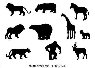 collection of zoo animal silhouettes, black and white vector illustration of animals for textile, books, tattoo isolated on white background