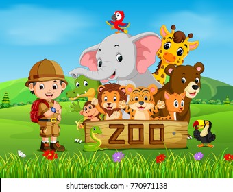 collection of zoo animals with zoo keeper