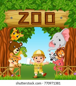 collection of zoo animals with zoo keeper