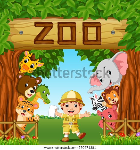 collection of zoo animals\
with zoo keeper
