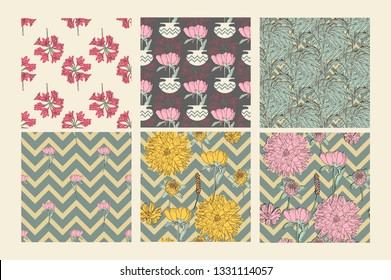 COLLECTION-1 of 6 Nature designed seamless pattern for background, wrapping paper, fabric. Modern botanical endless repeatable motif for surface design. Vector illustration. Pastel colored decoration