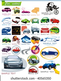 COLLECTION_7 Exclusive Series of Auto, Motors and Car Icon Set for design, vector illustration. Glossy symbols for Web. Set abstract color element corporate templates. Just place your company name.