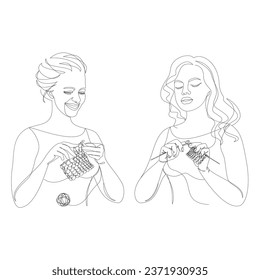 Collection.imSilhouettes of a girl, she knits with threads. Women's hands in a modern fashionable style with one line. Solid line, decor outline, posters, stickers, logo. Vector illustration set.