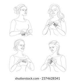 Collection.imSilhouettes of a girl, she knits with threads. Women's hands in a modern fashionable style with one line. Solid line, decor outline, posters, stickers, logo. Vector illustration set.