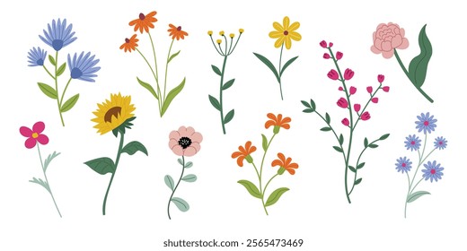 Collectionl spring flowers in a flat vector style on a white background. Includes daisies, sunflowers, poppies, and wildflowers in various colors and shapes.