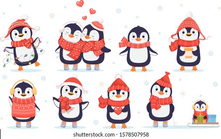 Collectionof cute winter penguins. Christmas character. Penguin in red scarf. Cartoon illustration.