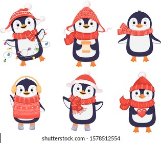 Collectionof cute winter penguins. Christmas character. Penguin in red scarf. Cartoon illustration.