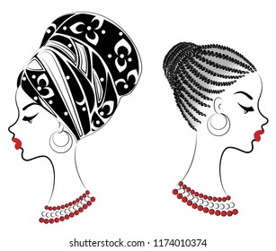 Collection.Profile the head of the sweet lady. African-American girl with a beautiful hairdo. The lady wears a turban, a national headdress. Set of vector illustrations.