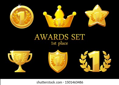 Collections Awards trophy. Golden awards icons set, 1st place winner badge, trophy cup prize, win rewards, success crown, vector illustration