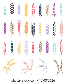 Collections of bakery design elements. Wheat ear icon set, leaves icons, graphic design elements, isolated on white background, vector illustration.