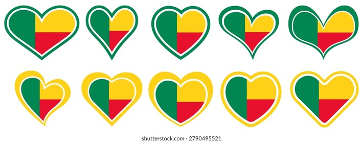 Collections Benin flag heart shaped icon set. Benin flag love symbol. Romantic Benin flag badge emblem design vector illustration