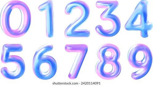 Collections blue 3d numbers from 0 to 9. With effect of  holographic liquid. For birthday parties, various discounts and services. Vector illustration.