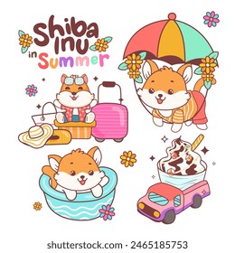 colecciones de dibujos animados shiba inu perro en Elementos de verano aislados sobre fondo blanco. Ilustración vectorial.	