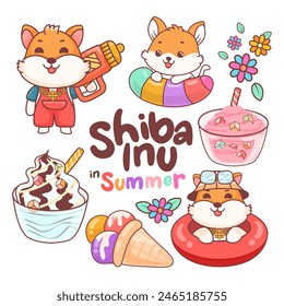 colecciones de dibujos animados shiba inu perro en Elementos de verano aislados sobre fondo blanco. Ilustración vectorial.	