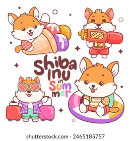 colecciones de dibujos animados shiba inu perro en Elementos de verano aislados sobre fondo blanco. Ilustración vectorial.	