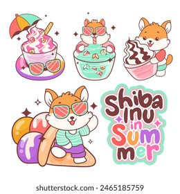 colecciones de dibujos animados shiba inu perro en Elementos de verano aislados sobre fondo blanco. Ilustración vectorial.	