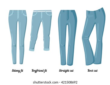 Collections of clothing, six vector colorful jeans of different styles.