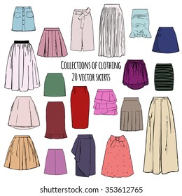 Collections of clothing, twenty colorful vector different styles of skirts