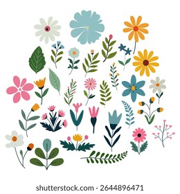 coleções de elementos coloridos de flores de primavera, consistindo de flores silvestres, ramos de folhas e folhagem. Este design é adequado para decorações sazonais, projetos de design digital ou scrapbooking.