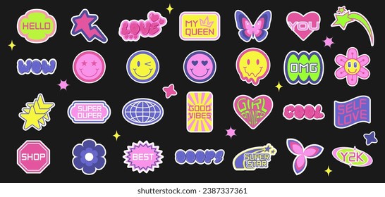 Collections of cool trendy Y2K stickers with phrases, stars, flowers, smiles and others. Funky, groovy, hipster patches set. Modern vector illustration isolated on black background.