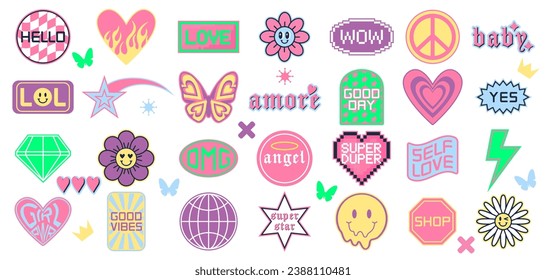 Collections of cool trendy Y2K stickers with phrases, stars, flowers, smiles and others. Funky, groovy, hipster patches set. Modern vector illustration isolated on white background.