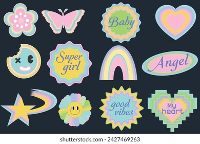 Collections of cool trendy Y2K stickers with phrases, stars, flowers, smiles and others. Funky, groovy, hipster patches set. Modern vector illustration 
