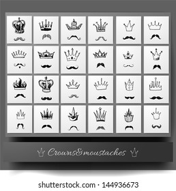 Collections of crowns and moustaches isolated on white. Stylized images of kings. Sketchy vector illustration