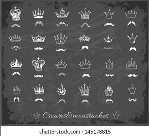 Collections of crowns and moustaches on blackboard. Stylized images of kings. Sketchy vector illustration
