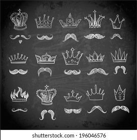Collections of crowns and moustaches on blackboard.. Stylized images of kings. Sketchy vector illustration