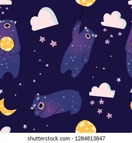 Collections cute bears with the moon. Cartoon hand drawn style, vector illustration. Seamless pattern. Eps 10.
