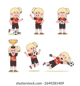 coleções de Cute Blonde Girl Long Hair Personagem Jogando futebol com pose diferente