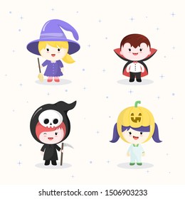 Collections of cute kawaii character in halloween costumes. 