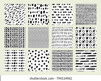 Coleções de elementos de design. Texturas desenhadas à mão feitas com tinta. Isolado. Ilustração vetorial. Textura desenhada à mão monocromática.