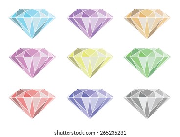 Collections of diamonds icons set in different colors on the white background.