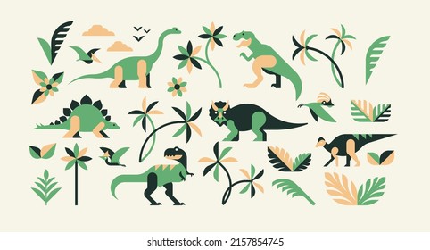 Collections dinosaurs, trees, leaves isolated on background. Colorful vector illustration jurassic in flat style.