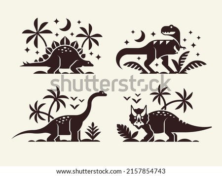 Collections dinosaurs - triceratops, brontosaurus, tyrannosaurus and stegosaurus. Vector one color isolated illustration.