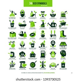 collections of eco friendly flat symbols, high detailed icons, graphic design web elements, alternative ecological concept, isolated emblems on clean white background, logotype vector art illustration