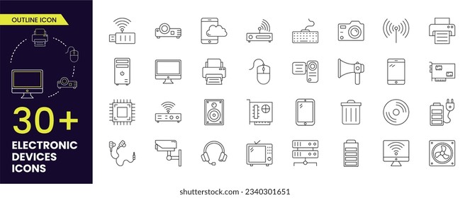 Las colecciones de iconos de dispositivos electrónicos incluyen computadora, impresora, unidad de lápiz, auriculares, CCTV, cámara, proyector, etc., iconos de líneas delgadas de contorno.