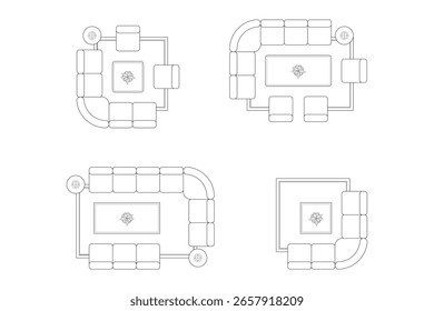 Coleções Elemento Sofá Móveis Layouts Desenho Interior - Conjunto de vista superior. 14.