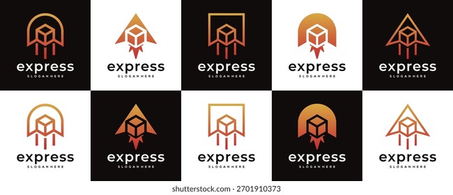 Colecciones de Express Box Global Logistics, Ideas de Diseño de Logo. Vector único de Plantilla de iconos basados en envío de carga en movimiento.	
