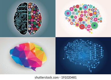 Collections of four different human brains, left and right side, creativity and logic, illustration