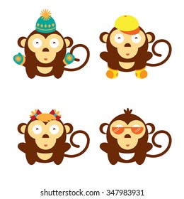 Collections of funny animals in hat, glasses, footwear, gloves. Animal symbol of New Year. Monkeys icon set. Cartoon monkeys babies brown color on white background