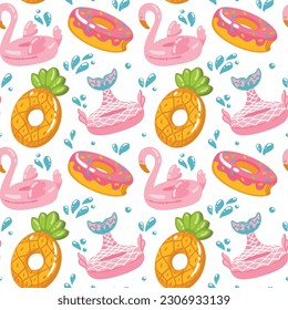 Collections of funny inflatable swimming pools in the form of mermaid, flamingo, donut and pineapple. Summer recreation and entertainment. Seamless pattern. Vector.