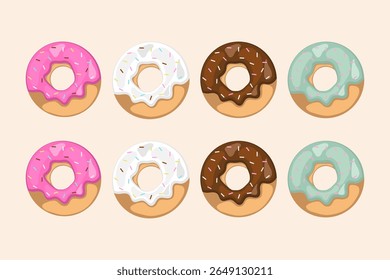 Coleções de rosquinhas vidradas, também comumente soletradas donuts, em vários sabores e cores com polvilhos coloridos, em fundo bege. 