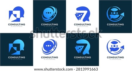 Collections of Global Business Consulting Logo Icons. Abstract Chat Bubble and Arrow Up Symbols. Financial Advisor and Business Growth Strategy Concept.