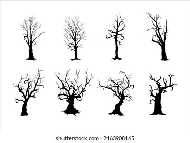 Collections of Halloween scary trees, vector illustration isolated from background. Silhouette of fantasy, bare spooky trees. Design element for Halloween concept